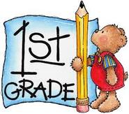 First Grade flag with cartoon bear holding giant pencil